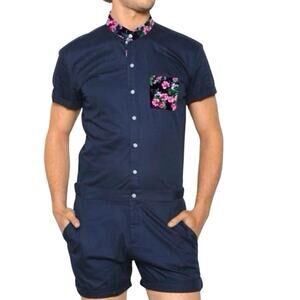 ROMPERJACK Navy Rose Button Up Romper Mens Size S Floral Print Trim Short Sleeve